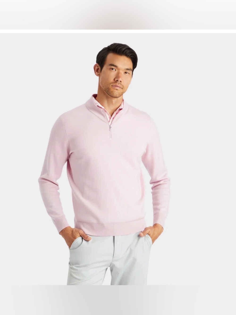 NWT G/FORE Contrast V-Neck Merino Wool Quarter Zip Golf Sweater In Blush: Size M